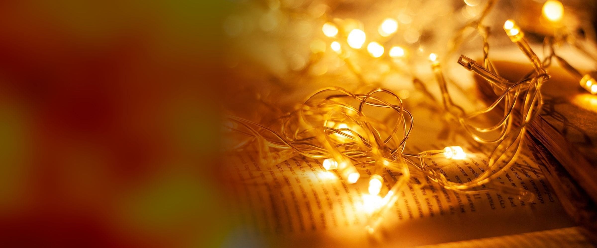 Warm fairy lights resting on an open book